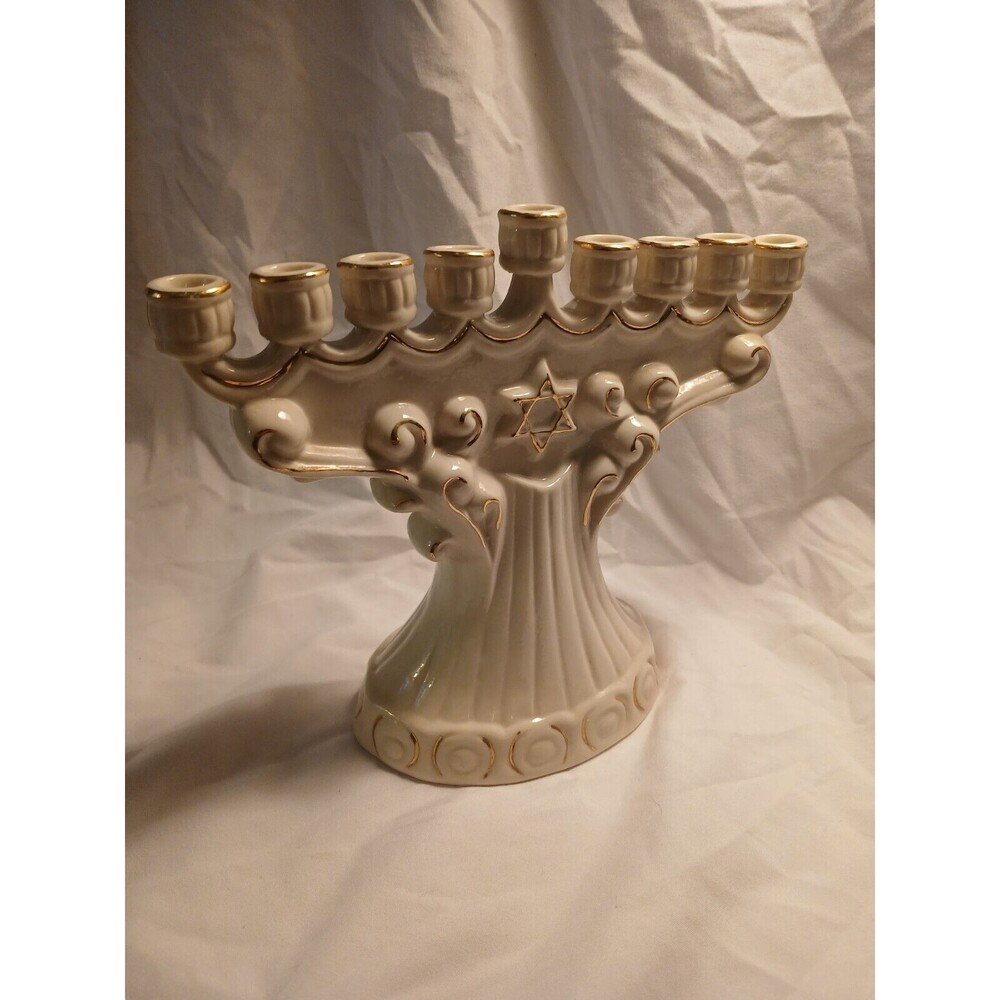 Vintage Ceramic  Cream & Gold Trimmed Judaica Hanukkah Menorah Candle Holder